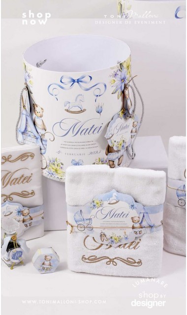 Trusou botez cu ursuleti ponei si flori albastre Teddy Bear Blue 2